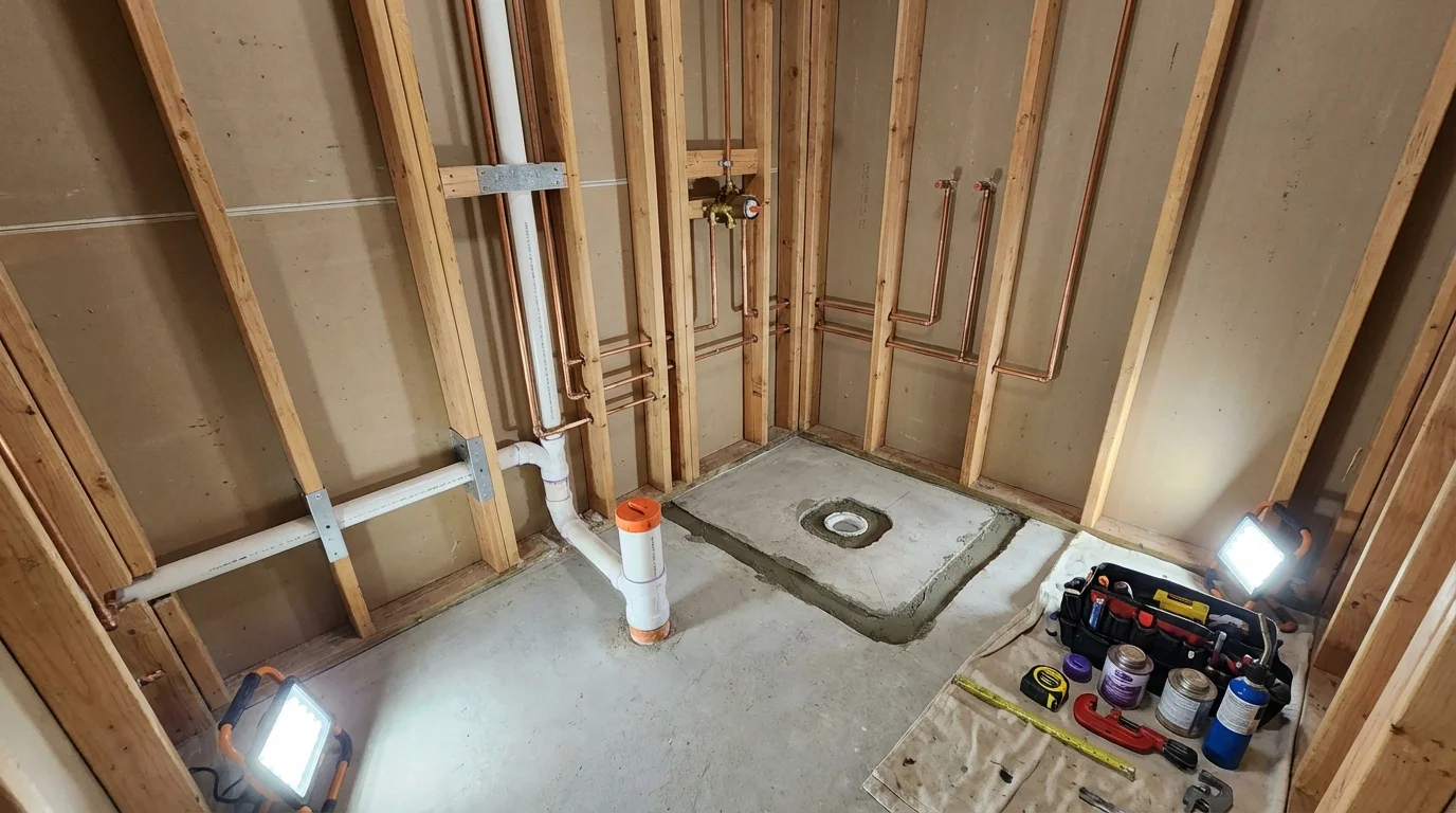 Bathroom rough-in plumbing during remodel by Johns Plumbing LLC in South Charleston