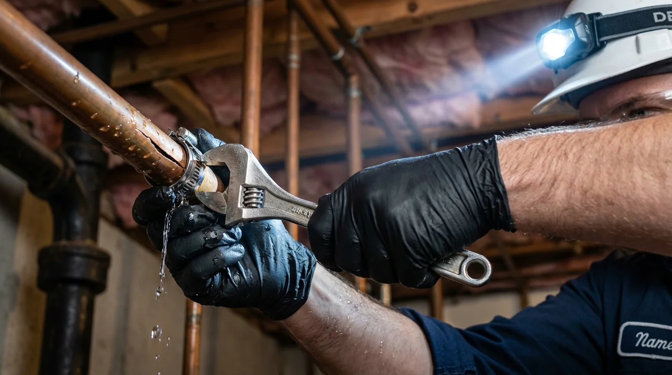 Emergency pipe clamp repair being performed by a Johns Plumbing LLC plumber in South Charleston