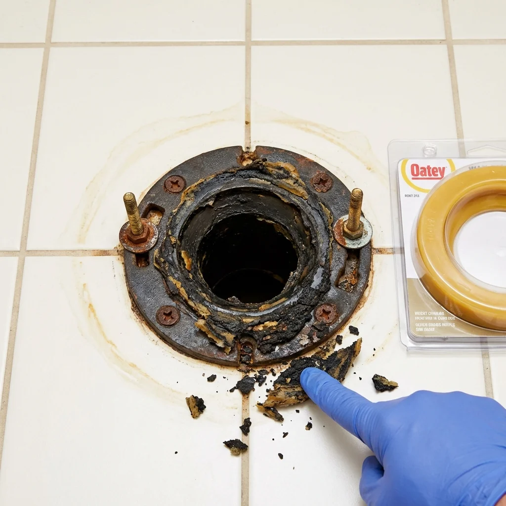 Failed wax ring showing water seepage at the base of a toilet in a South Charleston, OH home