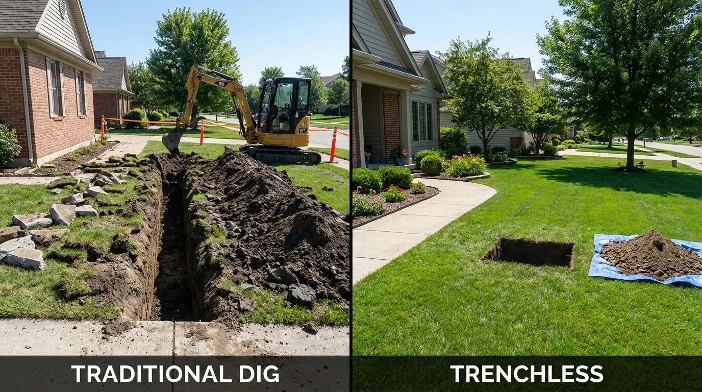 Trenchless sewer repair with minimal yard damage versus traditional excavation in South Charleston, OH