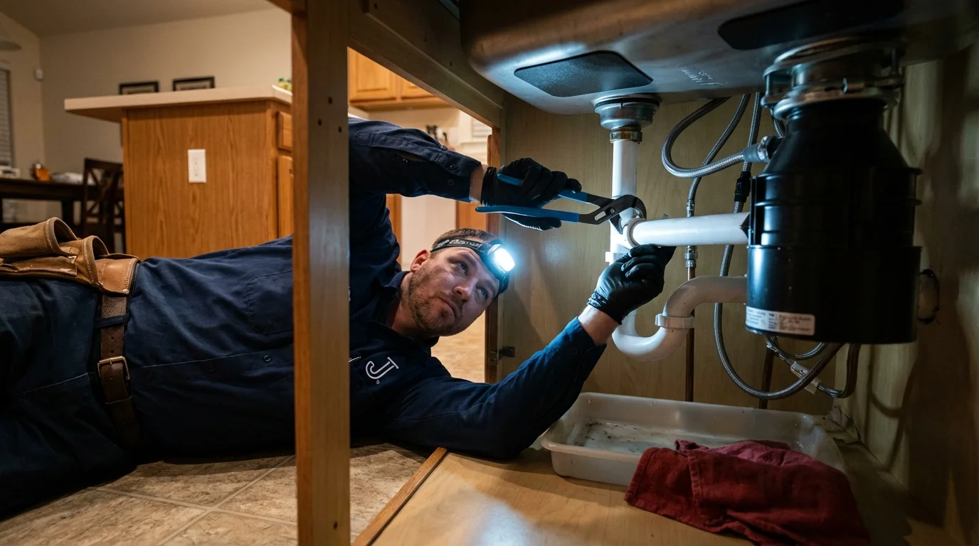 P-trap and supply line connections under a kitchen sink showing a common leak point in South Charleston, OH
